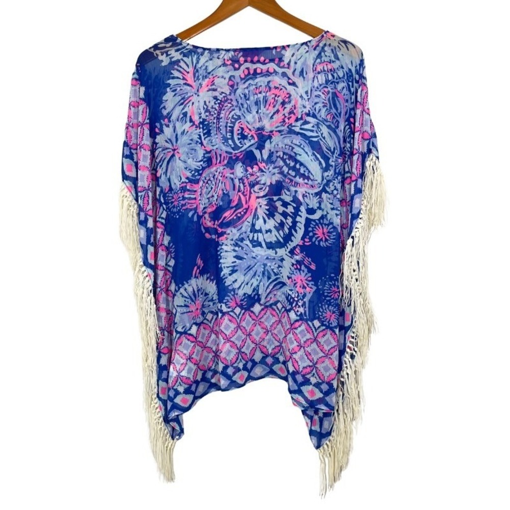 Lilly Pulitzer Fringe Kaftan Tunic Top XS Blue Pink Tropical Print Beach Boho - Picture 7 of 12